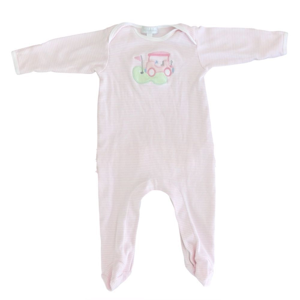 Magnolia Baby Golf Cart Embroidered Pink Stripe One Piece Footie. 3 Months.
